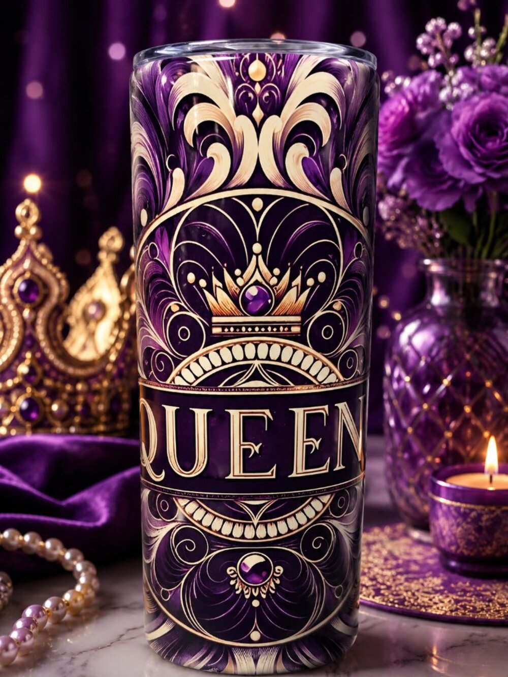 Queen Decorative Tumbler in Purple with Crown Motif